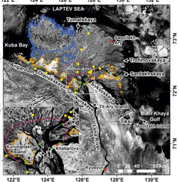 Figure 1. Place names in the Lena River delta and the loca- loca-tions of measurement profiles during expediloca-tions from 2002 to 2012