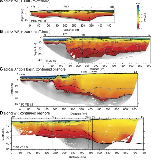 Figure 2. P­wave velocity models. A: P150 across the Walvis Ridge (WR) 600 km offshore