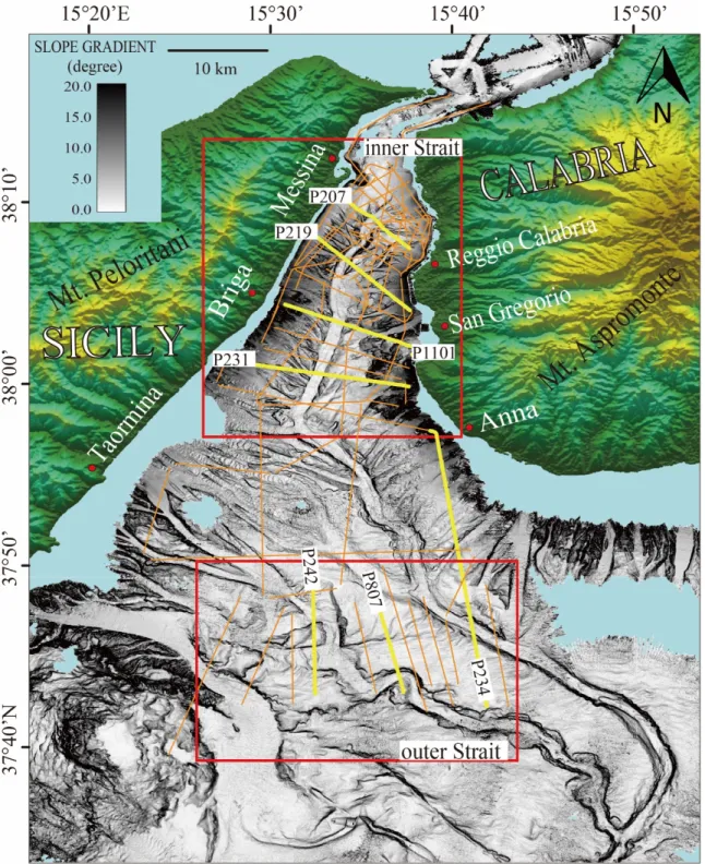 Figure  9  Bathymetry  of  the  Messina  Strait  with  2D  seismic and hydro-acoustic survey  lines  (orange  and  yellow lines)