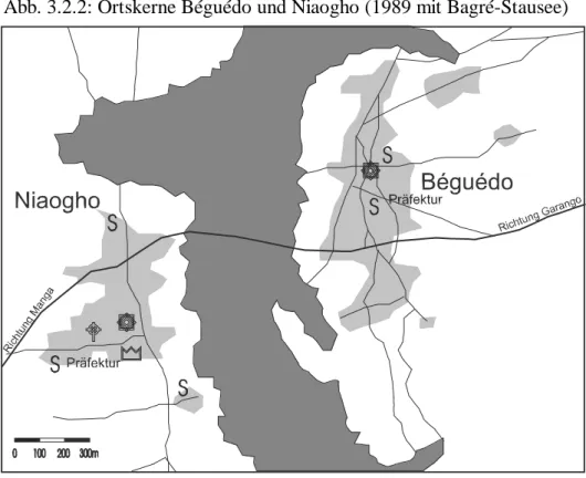 Abb. 3.2.2: Ortskerne Béguédo und Niaogho (1989 mit Bagré-Stausee)