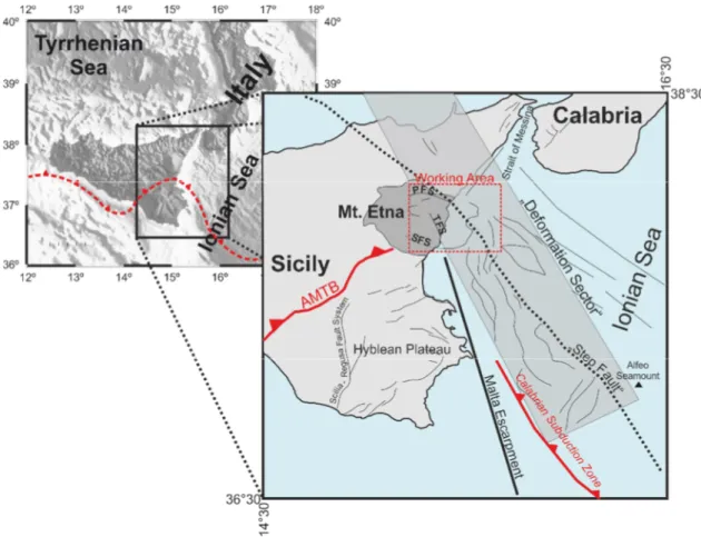 Figure 6: Overview map of the geographical setting of Sicily and Tectonic map of East Sicily modified after  Argnani [2014]