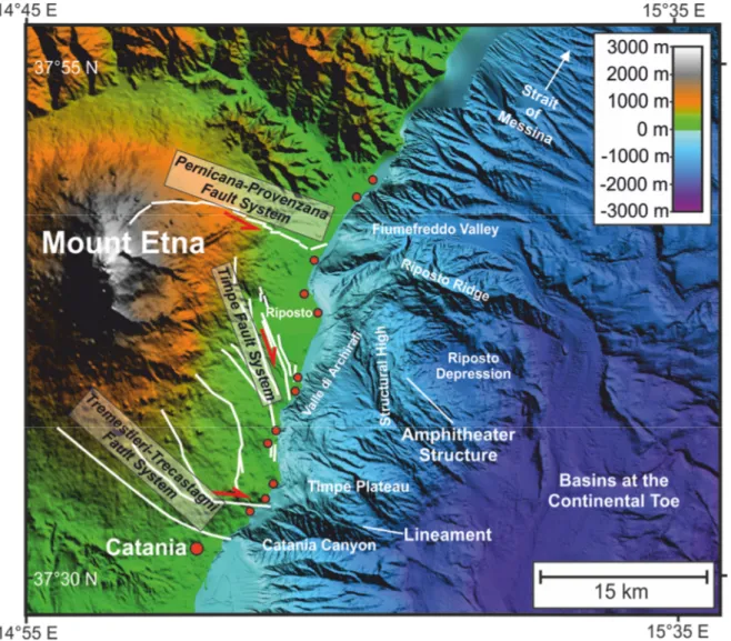 Figure 13: Mt Etna and its adjacent continental margin. The continental margin is characterized by bulging,  what cannot be observed at the continental margins north and south of Mt Etna’s edifice