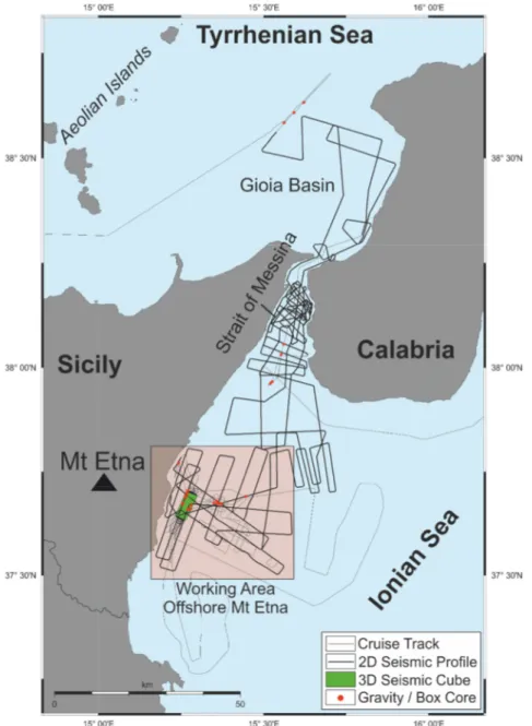Figure 14: Cruise track of M86/2. The working area offshore Mt Etna (this thesis) is marked by the red box