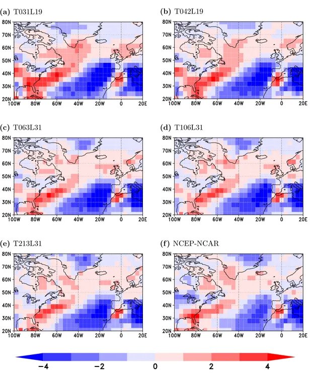 Figure 2.6: Summer-time means of 500 hPa upward wind (in Pa/s) for ECHAM5 at different resolutions (a to e) and from NCEP-NCAR reanalysis data (f)