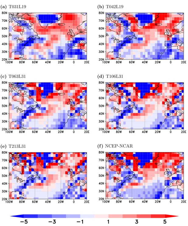 Figure 2.7: Winter-time means of the 10m-wind convergence (in 10 -6 /s) for ECHAM5 at different resolutions (a to e) and from NCEP-NCAR reanalysis data (f)