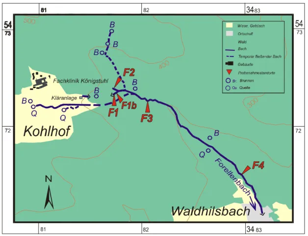Abb. 4.3. Die bei einer integrierten Sedimenttriade untersuchten Standorte des Forellenbachs, am Südosthang des Königstuhls bei Heidelberg (nach Winn 2000).