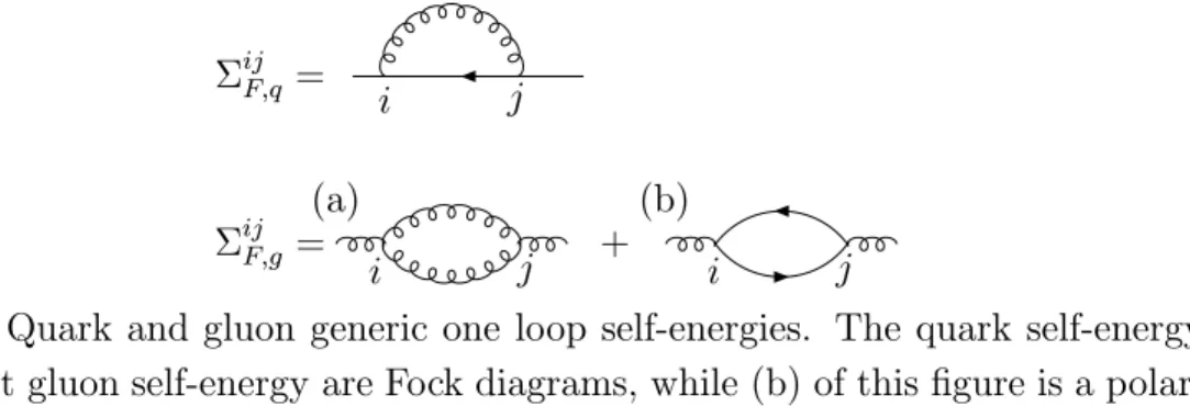 Figure 4.2: Quark and gluon generic one loop self-energies. The quark self-energy plus the first gluon self-energy are Fock diagrams, while (b) of this figure is a  polar-ization insertion.