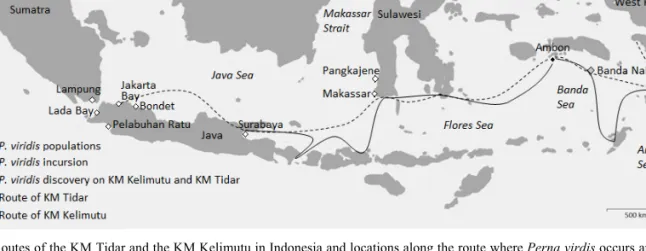Figure 1. Routes of the KM Tidar and the KM Kelimutu in Indonesia and locations along the route where Perna virdis occurs and where it  was found in this study