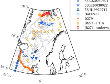 Figure 1. Sample locations for cruises D379 (orange plusses) and JR271 (CTD stations: gold diamonds; underway: red squares), along with nearby historical δ 13 C DIC data locations from the Schmittner et al