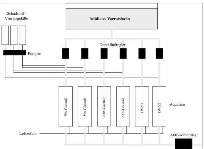 Abb. 2.8.1 Expositionsanlage für die Pulsexperimente mit Bachforelle und Bachschmerle am Zoologischen Institut der Universität Heidelberg