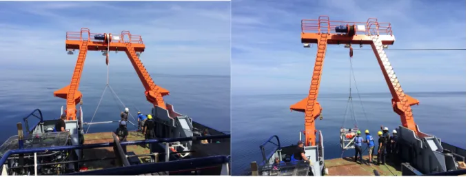 Figure 5.1.6: Deployment of Octopussy. Left panel shows the deployment of the 4x4 m  transmitter/receiver coil, right panel the GFK frame on which the instrument’s electronic  devices were installed