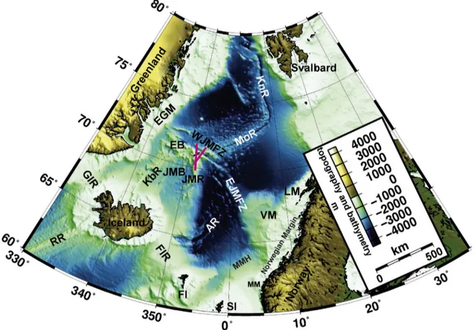 Fig. 1. Map of the North Atlantic showing the two studied proﬁles (red lines) and the main topographic and bathymetric features: RR e Reykjanes Ridge, GIR e GreenlandeIceland Ridge, FIR e Faeroe-Iceland Ridge, FI e Faeroe Islands, SI e Shetland Islands, MM