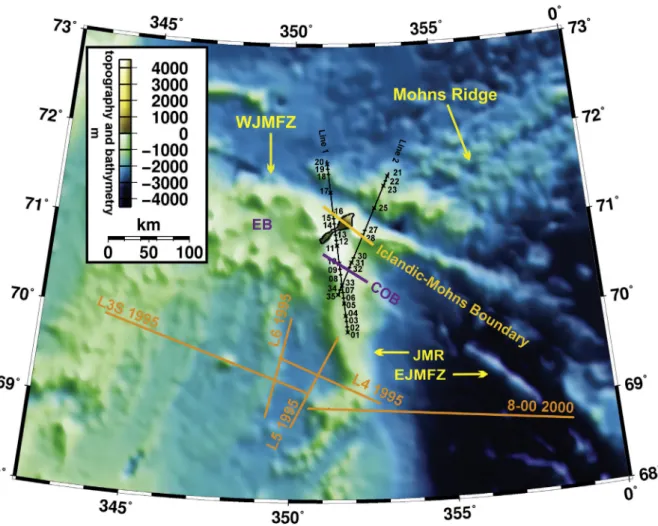 Fig. 2. Map of the survey area showing the two seismic proﬁles and the locations of the instruments
