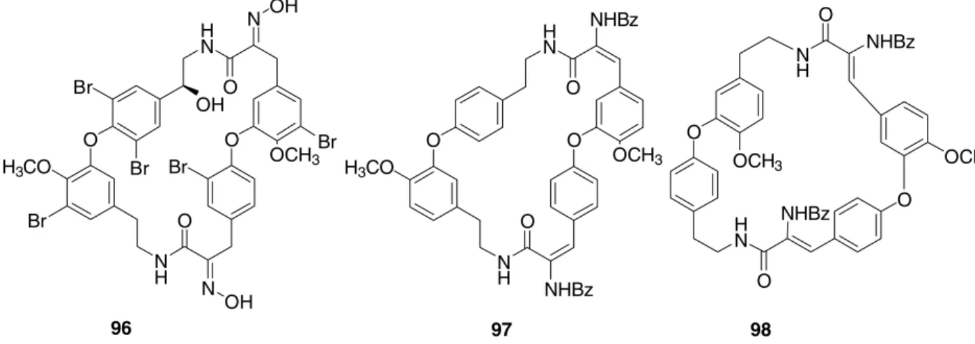 Figure 14: Bastadin 12 skeleton ( 96) and tyrosine cyclic peptides  97 and 98 by Couladouros and Moutsos [31d, e]  and by Molinski et