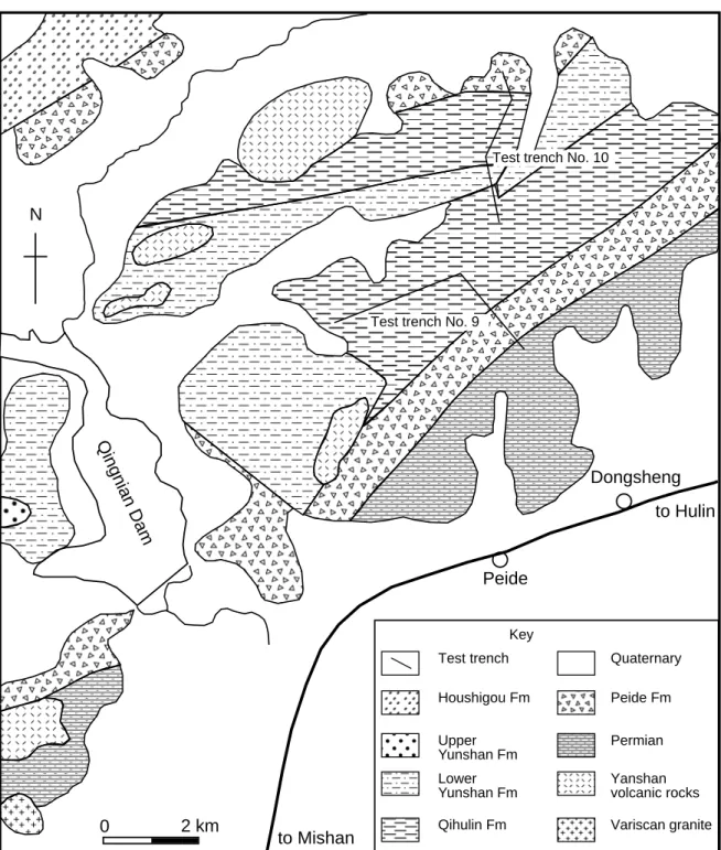 Figure 5.1. Geological map of the Peide area (based on data from the Research team on the Mesozoic coal-bearing formations in eastern Heilongjiang, 1986)