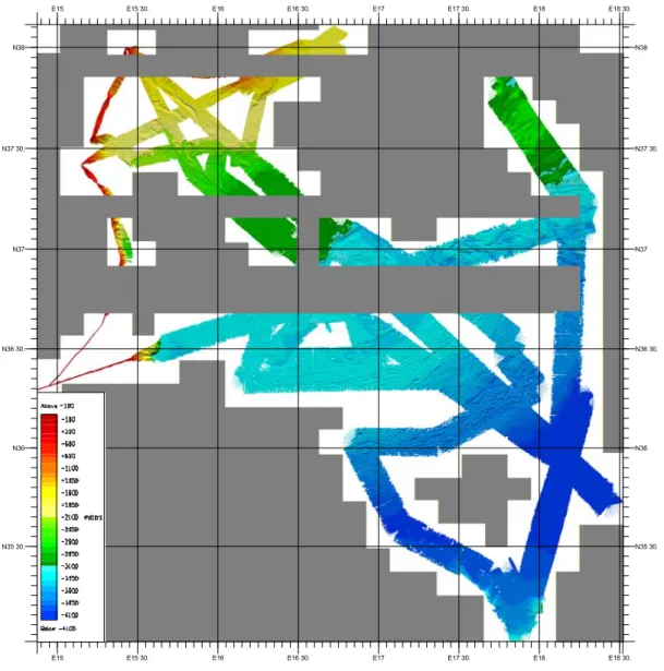 Fig. 5.2  Swath bathymetric data acquired during cruise M111. Maximum depth is about 4100m in the abyssal  plain in the SE corner.