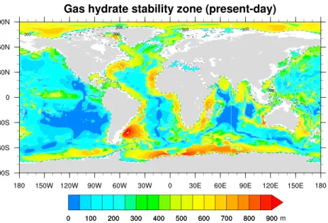 Figure 3. Global map of the gas hydrate stability zone thickness ( L GHSZ in m) under present-day climate conditions (mean 1988–2007)