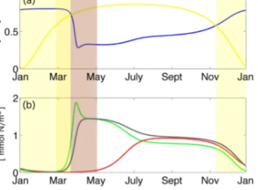 Figure 8. (a) Seasonal cycle of nutrient and light limitation of phy- phy-toplankton growth (second year of the genuine truth simulation driven by OPTI)