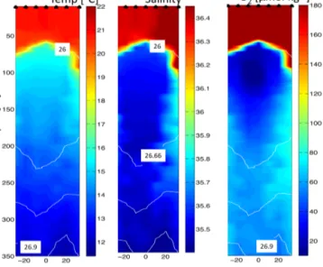 Figure 2. Temperature (left panel), salinity (middle panel) and O 2 concentration (right panel) measured during a section of R/V Meteor Cruise M105 across the studied eddy