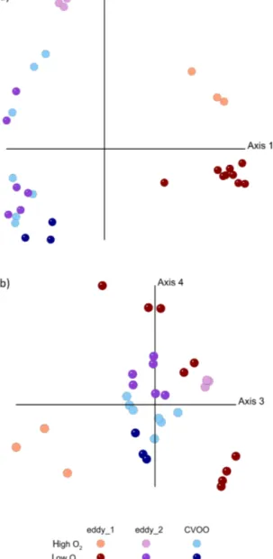 Figure 6. Alpha diversity analysis of eddy sampling stations (first observation (eddy_1), second observation (eddy_2)) and CVOO  ex-pressed as Shannon numbers equivalent ( 1 D)