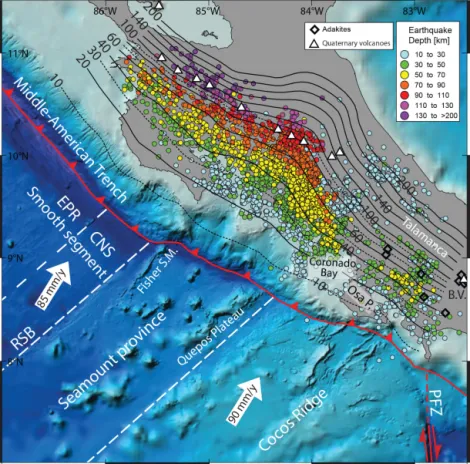 Figure 5. Slab depth contours for Costa Rica from the integrated interpretation of seismological and density modeling results