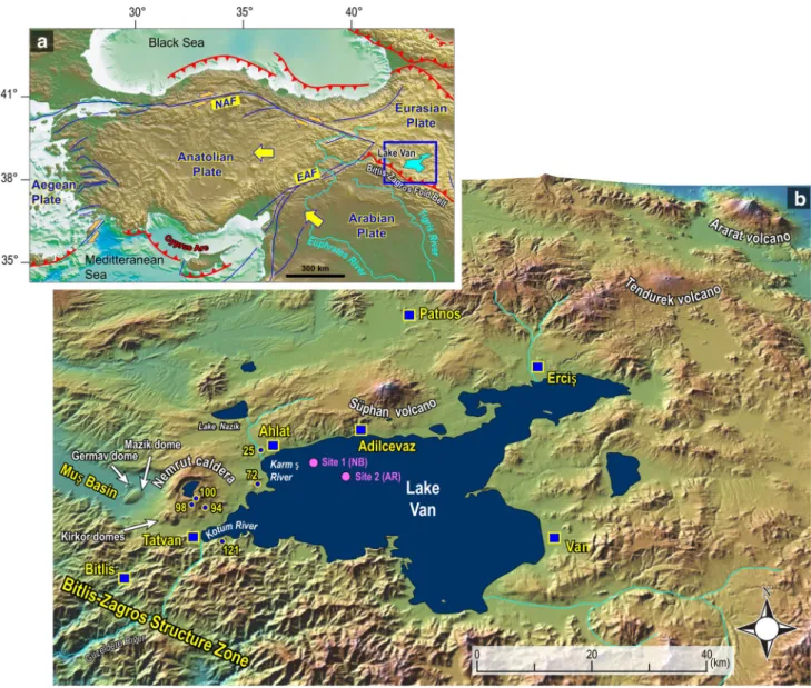 Fig.  1   a Overview map of Turkey, Anatolian, Eurasian and Arabian  plates, with Lake Van just north of the collision zone