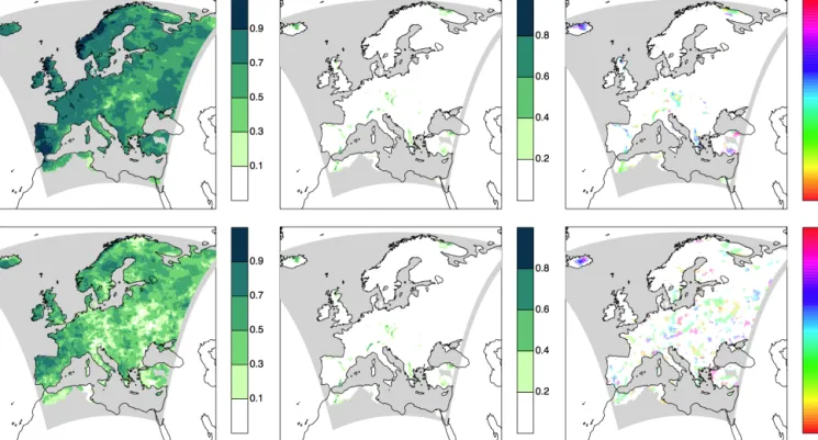 Figure 3. Non-local representativeness. Top panels: DJF; bottom panels: JJA. Left panels: correlation between observed seasonal mean time series and modelled time series at a non-local grid box that maximises correlation with observations; centre panels: i