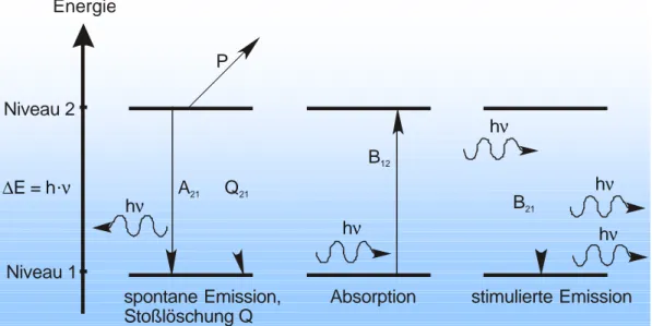 Abb. 2.3.1a:  Das Zwei-Niveau-Modell und mögliche Übergangsprozesse unter dem Einfluß eines  äußeren elektromagnetischen Feldes  