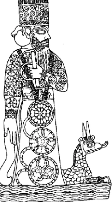Abb. 7 Marduk mit Sternenmantel und  gezähmtem  Chaos-Drachen  auf  dem  Lapislazulizylinder des babylonischen  Königs Marduk-zākir-šumi I