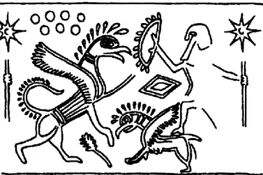 Abb. 9 Stempelsiegel aus Megiddo: Kampfszene mit Siebengestirn. 