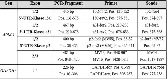 Tabelle 1: PCR-Fragmente, Primer und Sonden zur RT-PCR-Analyse der APM-1 -Genexpression  