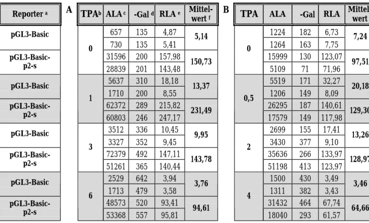 Tabelle 6: Analyse transienter Transfektionen zur Bestimmung der Promotor/Enhancer-Aktivität  des p2-Fragments nach TPA-Behandlung 