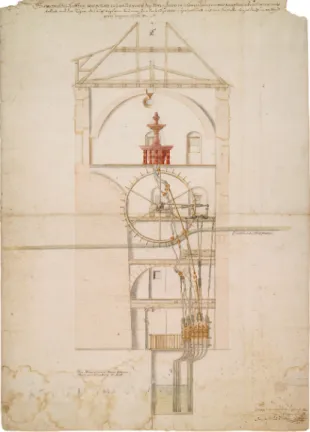 Abbildung 16: Johann Carl, Bestandsaufnahme des Wasser- Wasser-pumpwerks am Blauen Stern in Nürnberg, perspektivischer  Schnitt, 1643