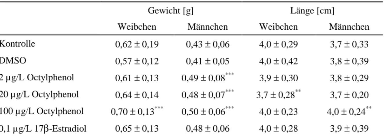 Tabelle 3.3.3: Gewicht und Länge der Zebrabärblinge der F 1 -Generation (Alter 3 Monate) nach Bela- Bela-stung während des gesamten Lebenszyklus mit Octylphenol, DMSO und 17 β -Estradiol.