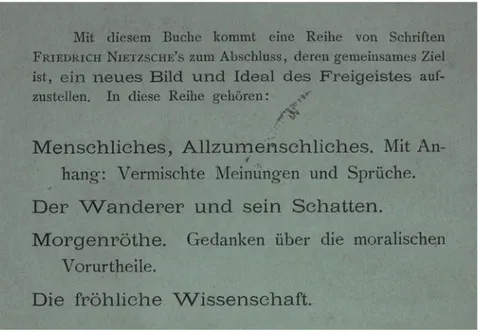 Abb. 1  Klappentext auf dem Buchumschlag der Erstausgabe der Fröhlichen Wissenschaft  von 1882