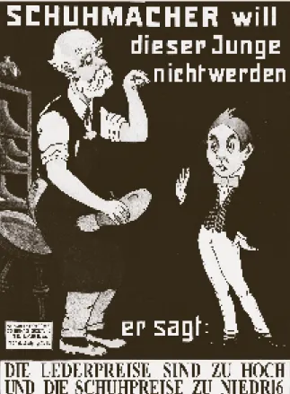 Abbildung 8  Die Schweizerische Schuhmacher-Zeitung  machte 1911 mit einem Plakat auf das Missverhältnis   zwischen Leder- und Schuhpreisen aufmerksam