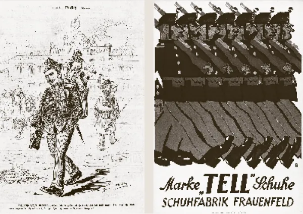 Abbildung 10   ( links ) Die Ausrüstung der Soldaten nahm im  Lauf der Zeit zu. 1897 beanstandete der Nebelspalter   die Vielzahl an Militärschuhen
