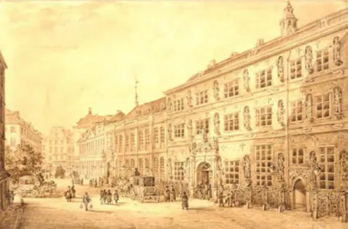 Abb. 1: Das Rathaus an der Trostbrücke vor 1842 (Handzeichnung von Carl Martin Laeisz, o
