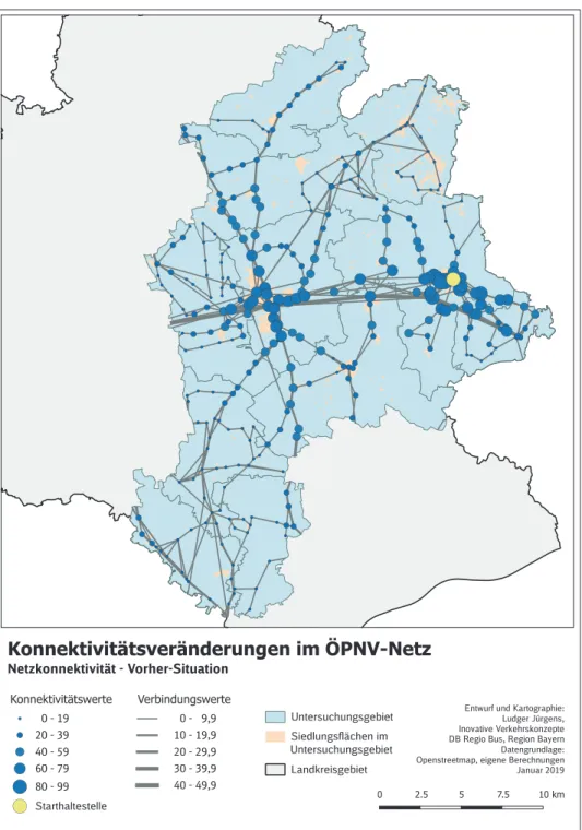 Abb. 4.3  Konnektivitätsveränderungen im ÖPNV-Netz (Vorher-Situation). (Quelle: eigene Dar- Dar-stellung)