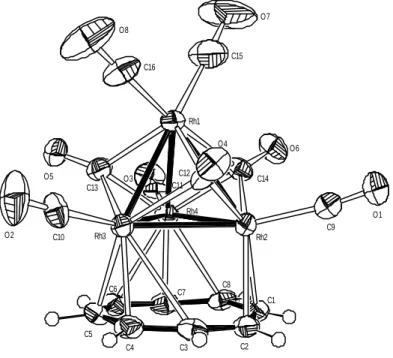 Abbildung 4: Molekülstruktur von [Rh 4 (CO) 8 (µ 3 -C 8 H 8 )] (37) (Molekül A)