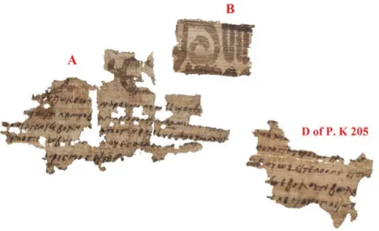 Fig. 5: The recto of fragments A and B of P. K 204 and fragment D of P. K 205. Photo et collection BNU  Strasbourg.