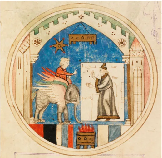 Fig. 1: Magician in a magic rectangle invoking a Mercurial Spirit, Alfonso X, Libro de Astromagia,  Biblioteca Vaticana, MS Reg