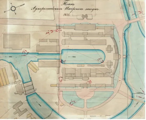 Abb. 6  o. A.: Plan der Ižorsker Admiralitätsbetriebe, 1866 (Plan Admiralitejskich  Ižorskich Zavodov, 1866), in: o