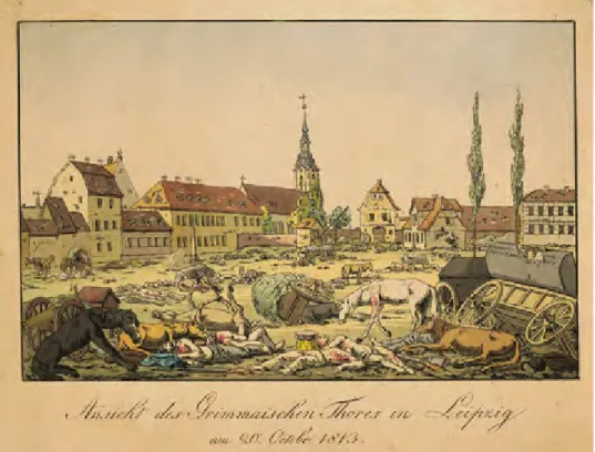 Abb. 3   Ernst Wilhelm Straßberger: Ansicht des Grimmaschen Thores am 20. Oktober, Leipzig 1813,  Radierung