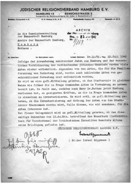 Abb. 7: Schreiben von Leo Lippmann an das Staatsarchiv Hamburg vom 22. Juli 1942