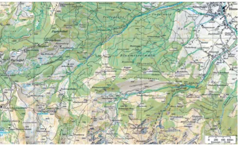 Abb. 2.1: Karte des oberen Einzugsgebiets der Gürbe, 1:25 000.  