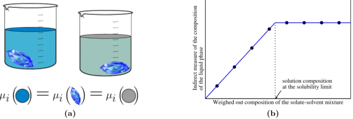 Figure 3.3: A schematic illustration of the main idea underlying the measuring of STFEs by solubility measurements (a) and an example for the determination of the solubility limit by an indirect measure (b).