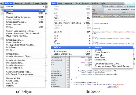 Figure 4.3: Refactoring Application Menus in Eclipse (left) and Apple’s Xcode (right).