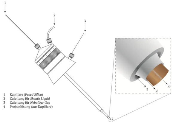 Abb. 7. Sheath Liquid-Interface für die Verbindung von CE und ESI-MS. Zeichnung ist an das Original-Interface  (Agilent, Sprayer Kit (G1607A)) angelehnt