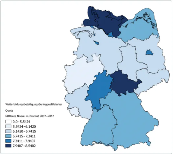 Abbildung 15:  Weiterbildungsbeteiligungsquote Geringqualiﬁzierter in den Bundesländern 2007–2012  (Quelle: Statistisches Bundesamt, Mikrozensus 2007–2012, gewichtet, eigene Berechnung 